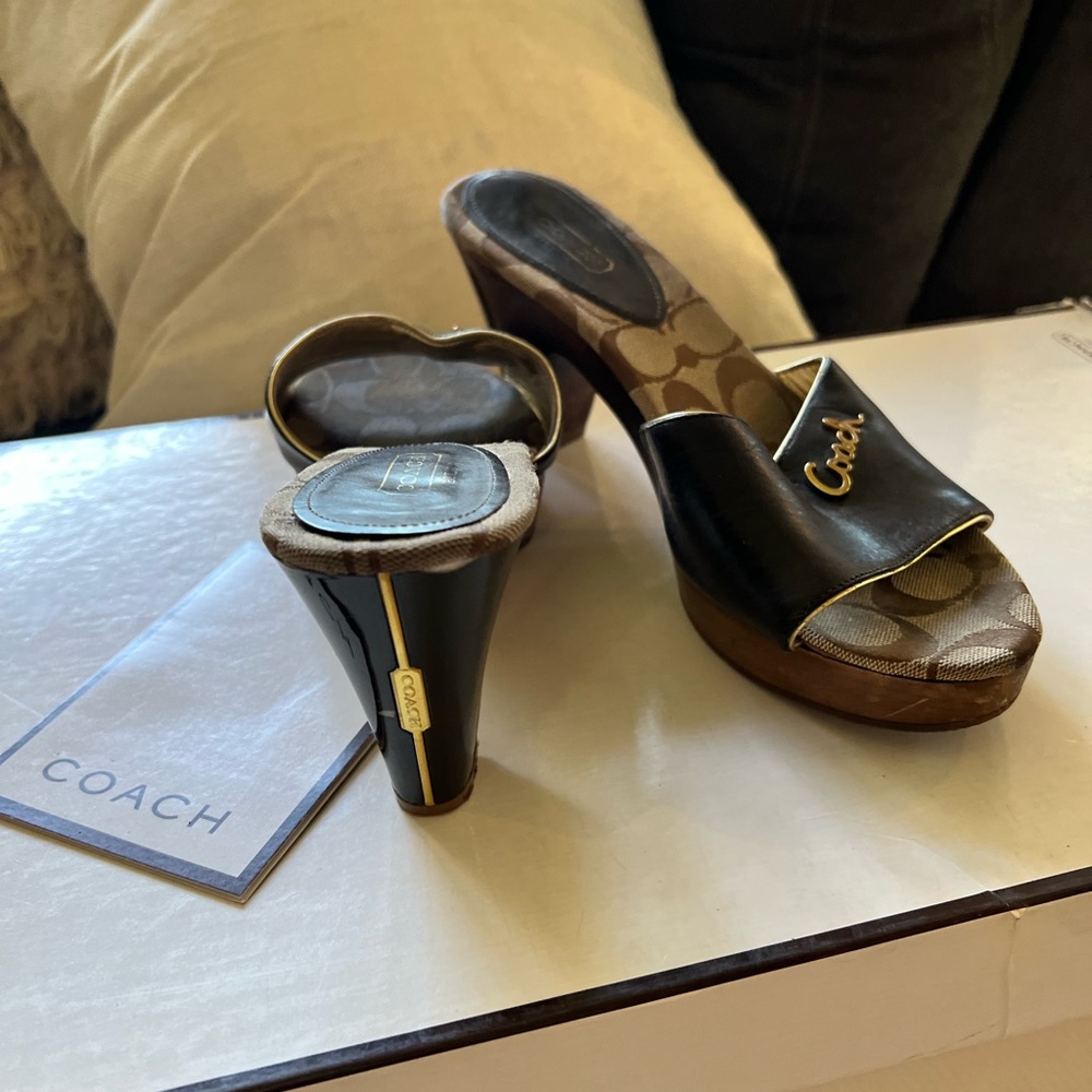 COACH Diedre Brown Gray Slip On Open Toe Sandals Heels 9 Vintage